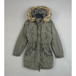 American Eagle Coat Womens XS Green Faux Fur Hooded Parka Field Military Jacket